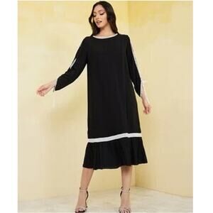 Commense Midi Dress Lightweight Open Sleeve Lace Trim Black Size XS NEW